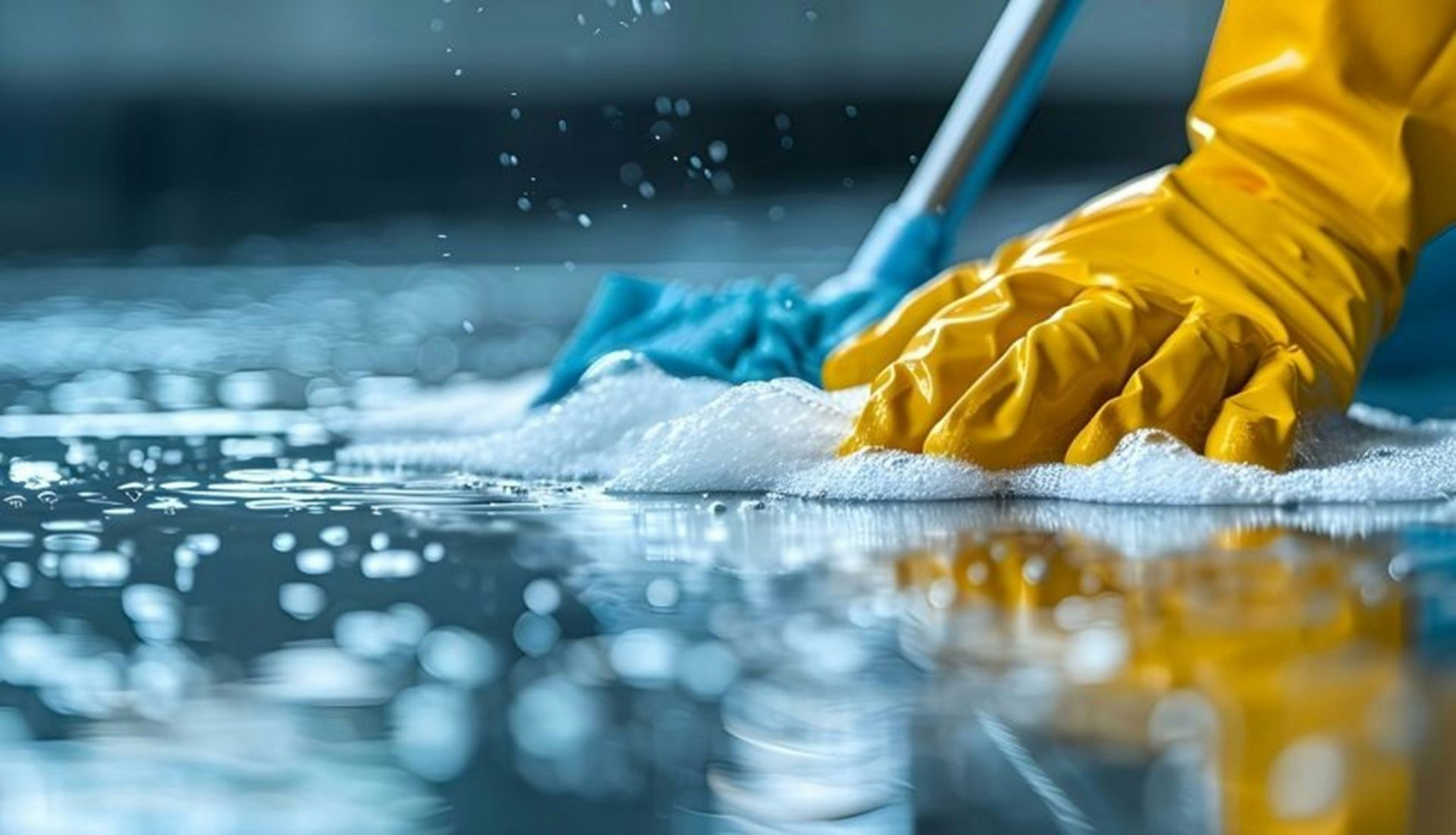 A person in yellow gloves and blue gloves cleaning a floor